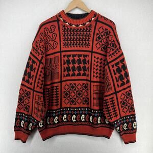 MEXX Sweater Mens XL Intarsia Geometric Retro Jumper Cotton Red HK VTG 80s